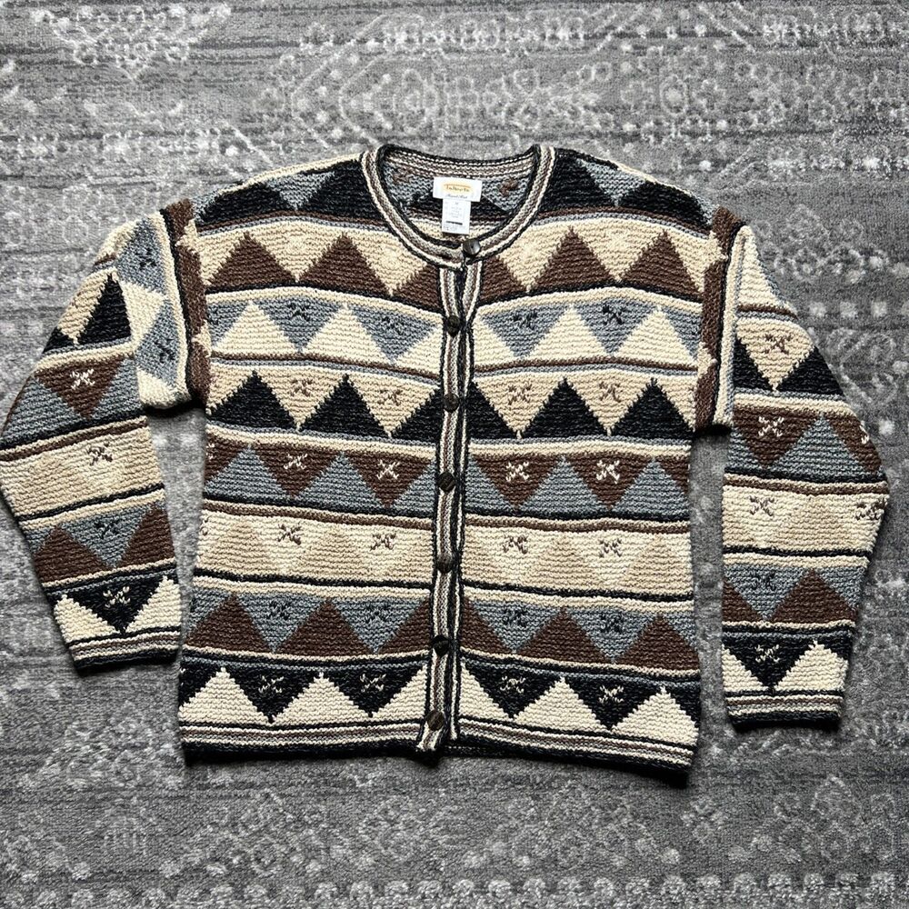 Vintage Talbots Hand Knit Cardigan Sweater Medium Geometric Aztec Neutral